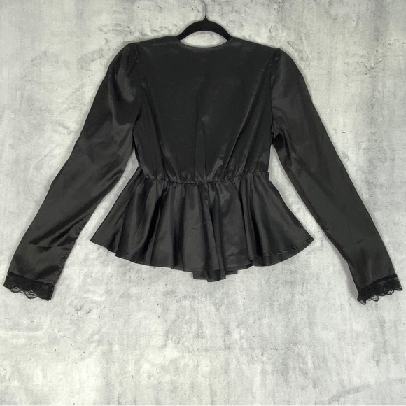 Shein Satin Top Sz Large Deep V-neck Long Sleeve Lace Trim Black - Picture 2 of 11
